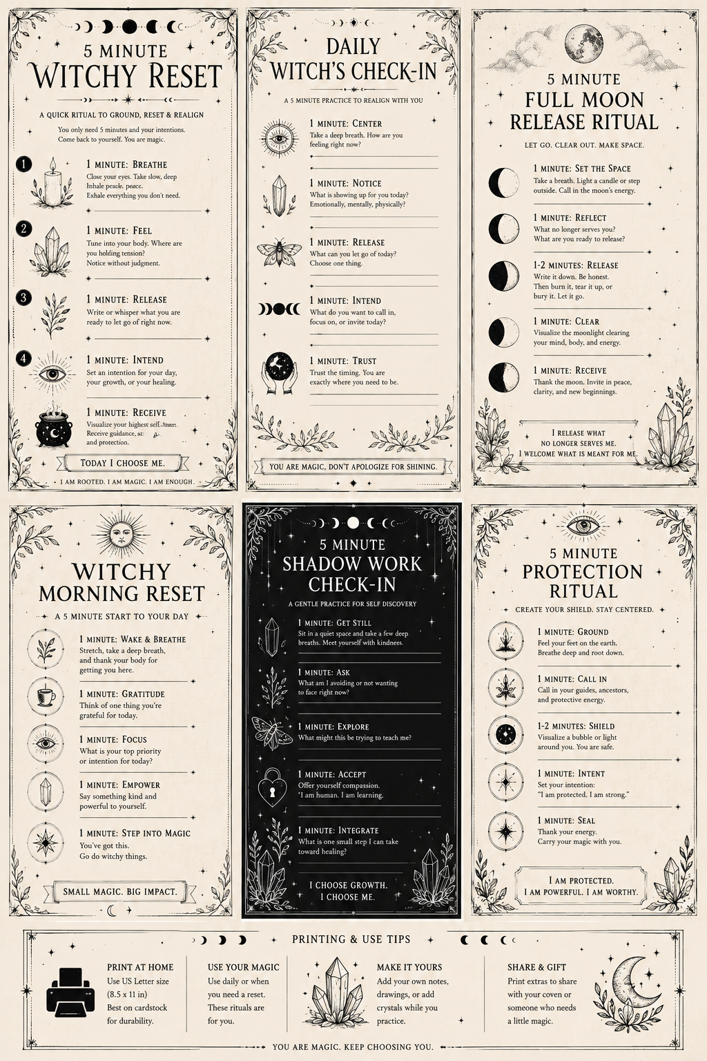 5 Minute Witchy Reset printable ritual sheets — witchy self-care digital download by PEBL Evermore