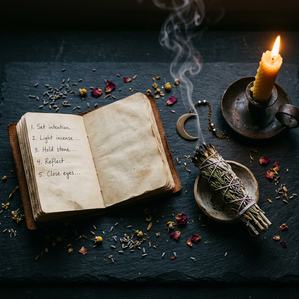 5 Minute Witchy Reset — moody flatlay with ritual journal, smudge stick, and candlelight
