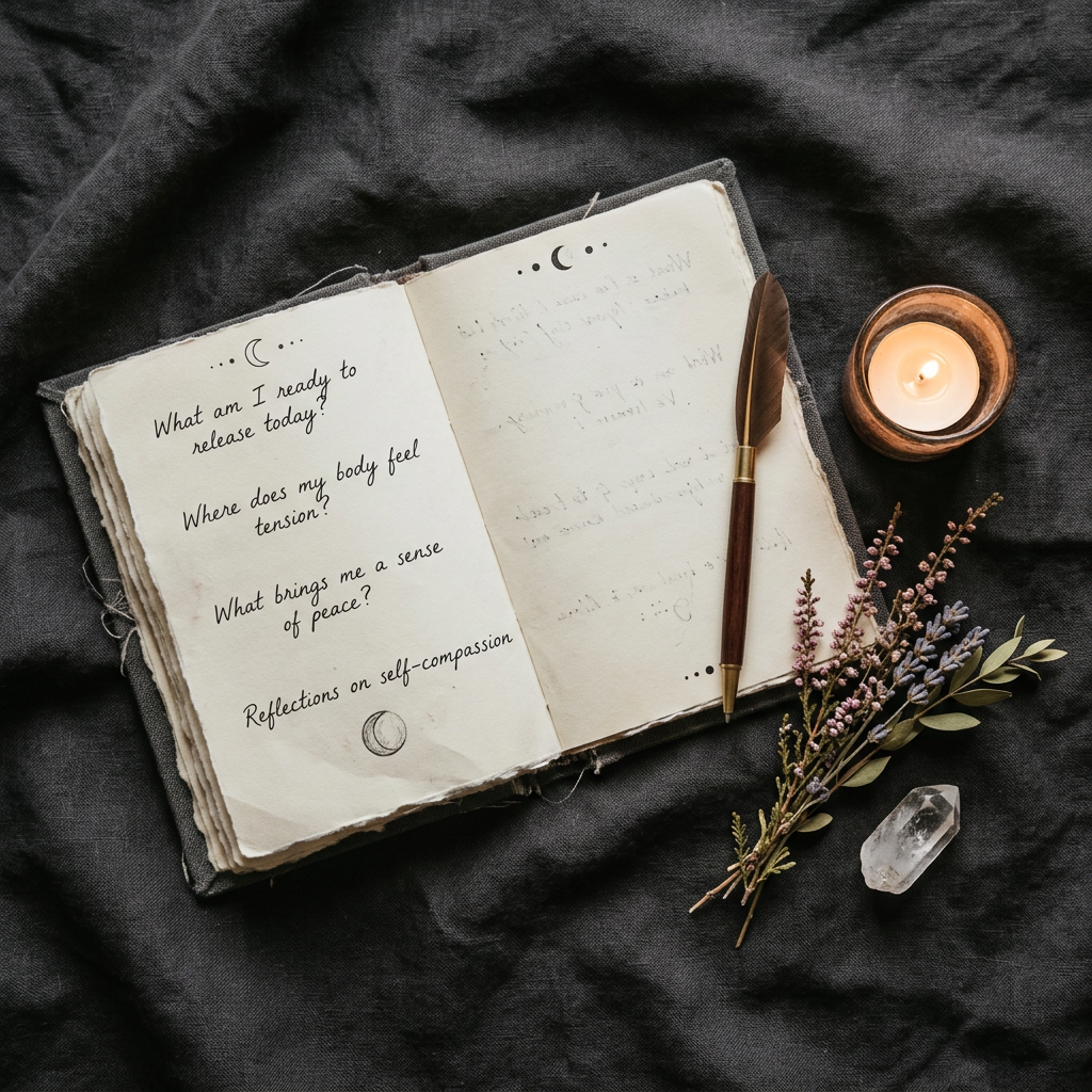 The Willow Healing Journal — moody flatlay with journal, crystals, and candlelight