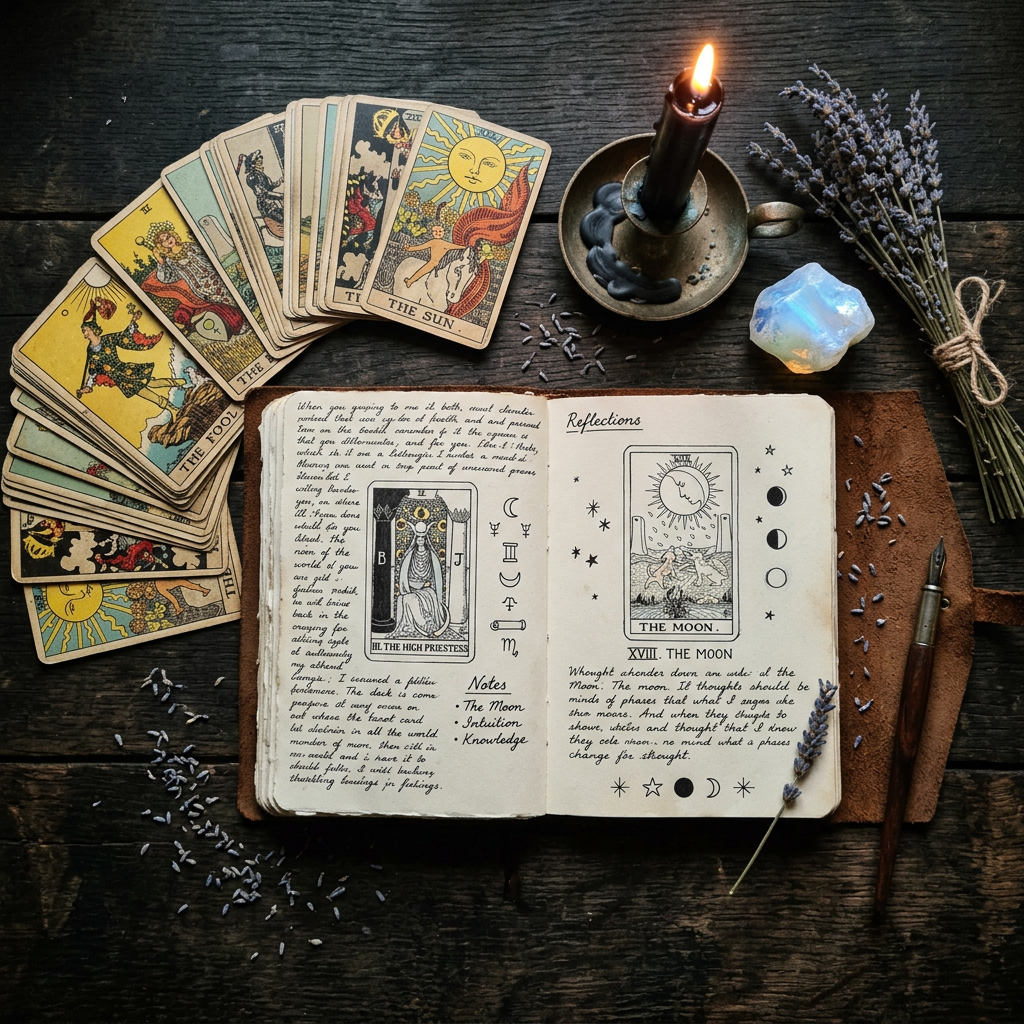 Vintage Tarot Journal — moody flatlay with tarot deck, journal, candle, and crystals